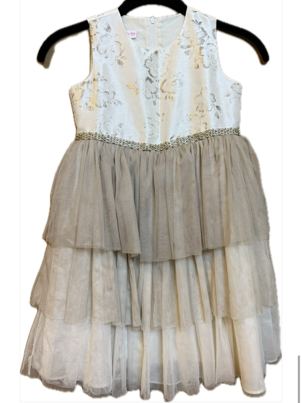 Bonnie Jean Ivory and Taupe Tiered Tulle Dress